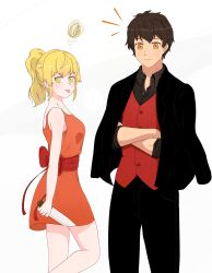 1boy 1girl black_jacket black_pants black_shirt blonde_hair collared_shirt crossed_arms dress freckles highres jacket jacket_on_shoulders knife looking_at_viewer mockingeu notice_lines orange_dress pants ponytail rachel_(tower_of_god) red_vest shirt spoken_squiggle squiggle tongue tongue_out tower_of_god twenty-fifth_bam vest yellow_eyes