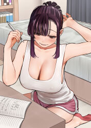 1girl absurdres armpits blush book breasts brown_eyes cleavage commentary_request covered_erect_nipples elder_cousin_(igarashi_kyouhei) highres holding holding_pen igarashi_kyouhei indoors large_breasts original parted_lips pen pink_shorts purple_hair short_hair short_shorts shorts sidelocks sitting smile solo tank_top white_tank_top
