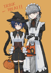 1boy 1girl absurdres alternate_costume anmian_(anminn11037) apron black_dress black_hat black_shorts black_thighhighs blue_eyes blue_hair blush cat_tail commentary_request crossdressing dress english_text enmaided fake_tail grey_hair halloween halloween_bucket halloween_costume hat highres maid maid_apron male_maid narukami_yu persona persona_4 shirogane_naoto short_hair shorts simple_background tail thighhighs trap white_apron witch_hat yellow_background