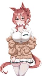 1girl absurdres alan_(210bush) animal_ears breasts brown_eyes brown_hair closed_mouth collarbone commentary_request drill_hair hair_between_eyes hair_ornament highres large_breasts long_hair norn_ace_(umamusume) side_drill smile solo tail thighhighs umamusume umamusume:_cinderella_gray white_background