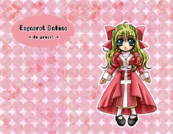 Rule 34 | 1girl, 2000s (style), ahoge, black shoes, blonde hair, bow, character name, closed mouth, commentary request, copyright name, cross, cross necklace, dress, full body, hair bow, high priest (ragnarok online), jewelry, juliet sleeves, long hair, long sleeves, looking at viewer, necklace, pantyhose, pink background, puffy sleeves, ragnarok online, red bow, red dress, sash, shoes, smile, solo, tomiya airu, two-tone dress, white dress, white pantyhose, white sash
