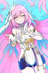 1girl absurdres afloat black_shorts breasts chinese_commentary commentary_request corset diamond-shaped_pupils diamond_(shape) elysia_(herrscher_of_human:_ego)_(honkai_impact) elysia_(honkai_impact) gloves highres honkai_(series) honkai_impact_3rd large_breasts long_hair looking_at_viewer pink_hair purple_eyes reaching reaching_towards_viewer short_shorts shorts smile solo symbol-shaped_pupils thighs veil very_long_hair white_corset white_gloves white_veil yue_hua