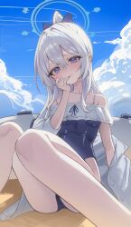 1girl absurdres bare_shoulders blue_archive blue_one-piece_swimsuit blue_sky cloud cloudy_sky grey_hair hair_between_eyes halo highres kerno licking licking_finger long_hair looking_at_viewer miyako_(blue_archive) miyako_(swimsuit)_(blue_archive) official_alternate_costume one-piece_swimsuit shirt sitting sky solo swimsuit thighs tongue tongue_out white_shirt