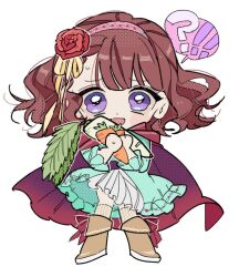 Rule 34 | !?, 1girl, ani inako, blue dress, boots, brown boots, brown hair, carrot, chibi, chibi only, daikon, dame x prince, dress, food, full body, hairband, holding, holding food, holding vegetable, jaeyeon 1, long sleeves, open mouth, pink hairband, radish, simple background, solo, speech bubble, spoken interrobang, vegetable, wavy eyes, white background