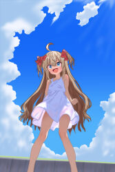 1girl ahoge arms_behind_back blue_eyes brown_hair cloud day dress highres long_hair neuro-sama open_mouth outdoors red_ribbon ribbon sky skyheir_(maya) smile solo standing sundress thighs two_side_up vedal_ai virtual_youtuber white_dress