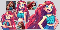 1girl blue_eyes chelsea_van_der_zee grey_background hands_on_own_hips highres hornx3_jk long_hair midriff multiple_views open_mouth red_hair reference_inset ruby_gillman:_teenage_kraken simple_background smile tank_top very_long_hair