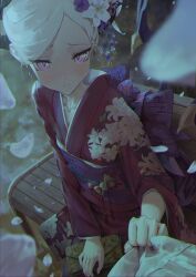 1girl absurdres blue_archive breasts demon_girl demon_horns demon_wings flower hair_flower hair_ornament highres hina_(blue_archive) horns japanese_clothes kimono looking_at_viewer outdoors phoebe_(user_vvpf4584) purple_eyes sitting small_breasts white_hair wings