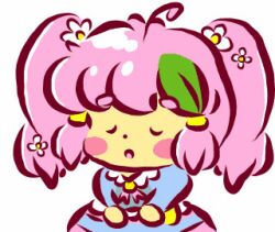 1girl ahoge animated animated_gif blue_dress blush brooch closed_eyes curucuru_pink_(misukomu_plus) dress flower hair_flower hair_ornament hair_tubes jewelry leaf_hair_ornament long_hair long_sleeves magical_girl misukomu_plus neck_ribbon nose_bubble o_o open_mouth original pink_hair pink_ribbon ribbon sleeping standing twintails waking_up white_background