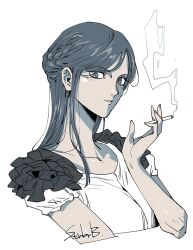1girl braid breasts cigarette collarbone commentary_request cropped_torso hand_up holding holding_cigarette ichigo_beeru korean_commentary long_hair looking_at_viewer parted_lips rina_(toshi_densetsu_kaitai_center) shirt short_sleeves signature simple_background smoke smoking solo toshi_densetsu_kaitai_center upper_body white_background