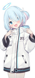 1girl :d absurdres arona_(blue_archive) blue_archive blue_eyes blue_hair blue_halo blush commentary commentary_request cosplay halo hanasaki_rin highres hood hooded_jacket jacket multicolored_hair one_side_up open_clothes open_jacket open_mouth partial_commentary pink_hair simple_background smile solo streaked_hair tongue white_background white_jacket yuzu_(blue_archive) yuzu_(blue_archive)_(cosplay)