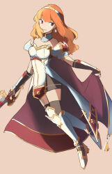 Rule 34 | 1girl, absurdres, armor, armored boots, black gloves, black skirt, black thighhighs, boots, breastplate, cape, celica (fire emblem), choker, dress, earrings, fingerless gloves, fire emblem, fire emblem echoes: shadows of valentia, gloves, highres, holding, holding sword, holding weapon, jewelry, long hair, nintendo, orange eyes, orange hair, princess, red eyes, red hair, skirt, solo, sword, thighhighs, tiara, timelooph, weapon, white armor, white dress