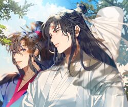 Rule 34 | 2boys, black hair, black hanfu, blue sky, blush, branch, brown eyes, brown hair, chinese clothes, closed mouth, cloud, day, guqin, hair tie, hanfu, headband, high ponytail, highres, instrument case, jujeop, korean commentary, lan wangji, leaf, long hair, long sleeves, looking at another, looking to the side, male focus, modao zushi, multiple boys, outdoors, parted bangs, parted lips, ponytail, robe, sidelocks, sky, smile, sparkle, sunlight, sweat, topknot, tree, upper body, wei wuxian, white hanfu, white headband, xiao guan (headdress), yaoi, yellow eyes