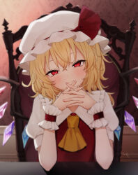 1girl ascot blonde_hair blush closed_mouth collared_shirt crystal flandre_scarlet hair_between_eyes hat highres hiwokawa long_hair looking_at_viewer mob_cap one_side_up orange_ascot puffy_short_sleeves puffy_sleeves red_eyes shirt short_sleeves signature smile solo touhou upper_body white_hat white_shirt wings wrist_cuffs