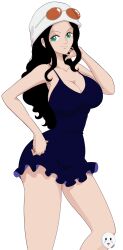 1girl 2023 artist_logo bare_arms bare_shoulders black_hair blue_dress breasts caisama cleavage closed_mouth collarbone dress eyewear_on_headwear green_eyes hat large_breasts logo long_hair looking_at_viewer nico_robin nico_robin_(dressrosa) official_alternate_costume one_piece simple_background smile solo strap_gap sunglasses tinted_eyewear white_background white_hat