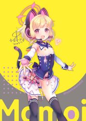 1girl :d animal_ear_headphones animal_ears black_thighhighs blonde_hair blue_archive blue_choker blue_tube_top buttons cat_ear_headphones choker comiket_105 condom condom_belt condom_wrapper convenient_censoring cum cumdrip detached_collar detached_sleeves fake_animal_ears fang halo headphones headset highres holding holding_condom hyouri_nakamoto loli looking_at_viewer low-tied_sidelocks mischievous_straight_uniform_(blue_archive) momoi_(blue_archive) navel nipples offering_hand open_mouth pink_halo red_eyes sex_toy showgirl_skirt sidelocks skin_fang smile solo strapless thighhighs tube_top used_condom vibrator vibrator_in_thighhighs