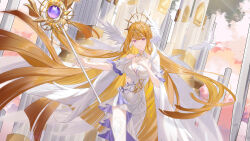 1girl bare_shoulders bird blonde_hair breasts chirippu cleavage cloud collarbone commentary detached_sleeves dress dutch_angle floating_hair gold_trim halter_dress halterneck hand_on_own_chest head_wings headpiece highres holding holding_staff large_breasts long_hair looking_at_viewer original purple_eyes smile solo staff standing sunset thighhighs thighs two-sided_dress two-sided_fabric very_long_hair white_dress white_thighhighs wide_sleeves wings