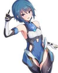 Rule 34 | 1girl, alice gear aegis, armpits, bare shoulders, black gloves, black thighhighs, blue eyes, blue hair, blush, breasts, cowboy shot, dress, elbow gloves, gloves, hair between eyes, highres, looking at viewer, open mouth, purple eyes, short hair, simple background, small breasts, smile, solo, takanashi rei, thighhighs, tooto (ryuto333), v-shaped eyebrows, white background, white gloves