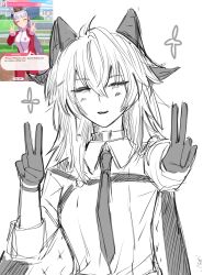 .osari 1girl chest_harness closed_eyes collared_shirt curled_horns double_v game_screenshot_inset gold_ship_(umamusume) hair_between_eyes harness highres horns long_hair necktie out_of_character parted_lips pose_imitation shirt smile solo ueda_hitomi umamusume upper_body v voice_actor_connection wuthering_waves zani_(wuthering_waves)