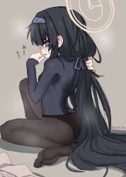 1girl absurdres black_hair black_panties blue_archive blue_eyes clenched_teeth from_side gloom_(expression) hairband halo highres holding holding_own_hair long_hair looking_back panties pantyhose rash_guard smart_oval solo sweat teeth twitter_username ui_(blue_archive) underwear