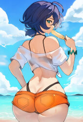 absurdres ahoge aqua_eyes ass back beach belle_(summer_skies)_(zenless_zone_zero) belle_(zenless_zone_zero) bikini black_bikini blue_hair blue_sky butt_crack cloud commentary day eating english_commentary food highleg highleg_bikini highres holding holding_food holding_popsicle looking_at_viewer micro_shorts ocean official_alternate_costume orange_shorts outdoors popsicle see-through_clothes see-through_shirt shirt short_hair short_sleeves shorts shoulder_blades sky swimsuit thighs trefoil white_shirt yuibread zenless_zone_zero