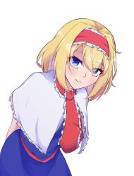 Rule 34 | 1girl, :3, alice margatroid, arms behind back, blonde hair, blue dress, blue eyes, blush, capelet, closed mouth, commentary request, cookie (touhou), cowboy shot, dress, frilled hairband, frilled necktie, frills, hairband, highres, ichigo (cookie), long hair, looking at viewer, nanariku, necktie, red hairband, red necktie, red sash, sash, short hair, smile, solo, touhou, white capelet