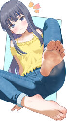 1girl absurdres barefoot black_hair blue_eyes blush denim feet highres jeans long_hair looking_at_viewer misumi_aoi off_shoulder ongeki pants smile soles steam toes uroichi