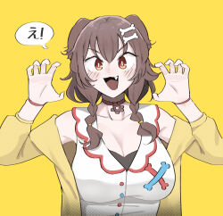 1girl :3 absurdres animal_ears bone_hair_ornament bracelet braid breasts choker claw_pose cleavage dog_ears dog_girl fang hair_ornament hands_up highres hololive inugami_korone jacket jewelry large_breasts long_hair mata_(matasoup) off_shoulder open_clothes open_jacket open_mouth red_choker shirt sleeveless sleeveless_shirt smile solo speech_bubble translation_request twin_braids virtual_youtuber white_shirt yellow_jacket