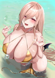 1girl absurdly_long_hair absurdres amemiya_arikapu bikini breasts brown_hair cleavage collarbone commentary_request demon_wings gold_bikini highres huge_breasts long_hair looking_at_viewer mole mole_on_breast mole_under_eye open_mouth original pink_nails red_eyes sidelocks skindentation smile standing swimsuit veins veiny_breasts very_long_hair wading wardrobe_malfunction water_drop wet wings
