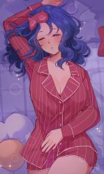 Rule 34 | 1girl, absurdres, arm up, blue hair, blush, breasts, buttons, cleavage, closed eyes, commentary, highres, kokomi (aniesuakkaman), large breasts, long hair, long sleeves, lying, mask, mask on head, miside, mita (miside), on back, pajamas, red pajamas, red shirt, red shorts, shirt, short shorts, shorts, sleep mask, sleeping, sleepwear, sleepy mita (miside), solo, sparkle, sparkling aura, striped clothes, striped pajamas, striped shirt, striped shorts, stuffed flower, vertical-striped clothes, vertical-striped pajamas, vertical-striped shirt, vertical-striped shorts