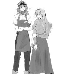 2girls alternate_costume apron collared_shirt commentary commission english_commentary firefly_(honkai:_star_rail) greyscale hand_on_own_arm heart highres honkai:_star_rail honkai_(series) long_hair long_skirt monochrome multiple_girls seijousai shirt skirt smile stelle_(honkai:_star_rail) sweater trailblazer_(honkai:_star_rail) turtleneck turtleneck_sweater visor_cap