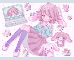 1boy :d akimaru138 alter_ego_(danganronpa) animal_ears black_socks blush brown_eyes brown_hair brown_skirt cake candy_wrapper computer cupcake danganronpa:_trigger_happy_havoc danganronpa_(series) donut fake_animal_ears flipped_hair food food_print fruit fujisaki_chihiro green_jacket highres jacket jam kneehighs knees_up laptop looking_at_viewer neck_ribbon open_mouth own_hands_together pancake plate pleated_skirt rabbit rabbit_ears ribbon ribbon_trim sanrio skirt smile socks strawberry strawberry_shortcake sugarbunnies