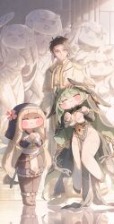 1boy 2girls :3 absurdres anger_vein black_eyes black_hair blitz_predator blonde_hair blush_stickers boots breasts broken broken_chain chain chibi cleavage_cutout clerical_collar closed_eyes clothing_cutout coat dress green_hair hair_between_eyes hair_slicked_back headpat highres indoors joanne_(trickcal) leader_(trickcal) long_hair long_sleeves looking_at_another multiple_girls ner_(trickcal) nun pelvic_curtain priest puffy_cheeks sanpaku shirt short_hair side_slit skirt smile standing statue thighhighs trickcal very_long_hair white_coat white_shirt wings