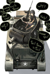 1girl akitsu_taira black_hair computer computer_keyboard computer_mouse english_text female_focus laptop m5_stuart m8 m8_scott military military_vehicle motor_vehicle playing_games scott short_hair sitting solo tank vehicle world_of_tanks