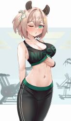 1girl ;o animal_ears arm_behind_back black_pants black_sports_bra bottle breasts brown_hair cleavage clothes_writing commentary cowboy_shot double-parted_bangs english_commentary green_eyes gym hair_between_eyes highres holding holding_bottle indie_virtual_youtuber indoors large_breasts looking_at_viewer midriff navel nimi_nightmare one_eye_closed one_side_up pants pyrokuro short_hair solo sports_bra sportswear sweat tapir_ears tapir_girl very_sweaty virtual_youtuber
