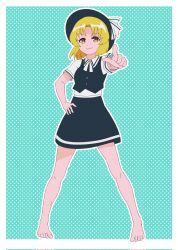 Rule 34 | 1girl, bare legs, barefoot, black hat, black skirt, black vest, blonde hair, blue background, border, breasts, closed mouth, collared shirt, commentary request, fedora, full body, hand on own hip, happy, hat, hat ribbon, highres, neck ribbon, pointing, polka dot, polka dot background, puffy short sleeves, puffy sleeves, ribbon, shirt, shizuku hky, short sleeves, skirt, skirt set, small breasts, smile, solo, standing, touhou, vest, white border, white ribbon, white shirt, yellow eyes, yuki (touhou)