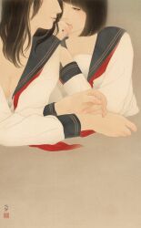 2girls black_hair breasts cleavage closed_eyes grey_eyes highres long_hair matsuura_shiori_(artist) multiple_girls open_mouth original school_uniform serafuku short_hair yuri