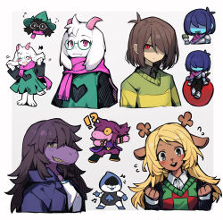 1other 2boys 2girls absurdres chibi colored_skin deer_girl deltarune freckles goat_boy goat_horns hair_over_eyes hair_over_one_eye highres horns kris_(dark_world)_(deltarune) kris_(deltarune) lancer_(deltarune) moss multiple_boys multiple_girls noelle_holiday purple_skin ralsei red_eyes shio_0585 smile susie_(dark_world)_(deltarune) susie_(deltarune) upper_body