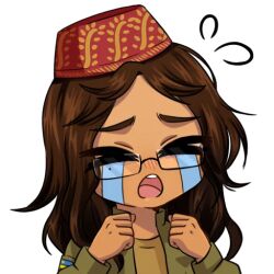 1girl brown_hair brown_shirt clenched_hands crimean_flag crimean_tatar crying dark-skinned_female dark_skin fez_hat flying_sweatdrops glasses green_jacket high_collar jacket korzynka_persykiv long_hair long_sleeves meme messy_hair military_patch mole mole_under_eye non-web_source open_clothes open_jacket open_mouth original patch russo-ukrainian_war semi-rimless_eyewear shefika_(usergore) shirt shoulder_patch solo streaming_tears tears teeth tongue transparent_background ukraine ukrainian_flag unit_patch uohhhhhhhhh!_(meme) upper_teeth_only