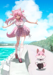 1girl :d absurdres animal_ear_fluff animal_ears bandaid_on_thigh cloud cloudy_sky full_body hair_ornament hakui_koyori hakui_koyori_(school_uniform) heart heart_hair_ornament highres hololive long_hair open_mouth outdoors pink_hair pink_sailor_collar pink_tail purple_eyes sailor_collar school_uniform shirt short_sleeves sky smile tail virtual_youtuber white_shirt wolf_ears wolf_girl wolf_tail yami_ara