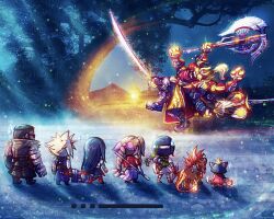 3boys 3girls absurdres aerith_gainsborough axe baggy_pants barret_wallace black_gloves black_hair black_skirt blonde_hair blue_sweater braid braided_ponytail brown_hair brown_vest buster_sword cait_sith_(final_fantasy) cape cat chibi chibi_only cloud_strife commentary crown dark-skinned_male dark_skin dress elbow_gloves english_commentary final_fantasy final_fantasy_vii final_fantasy_vii_rebirth final_fantasy_vii_remake flame-tipped_tail from_behind full_body gilgamesh_(final_fantasy) gloves green_sweater handcannon height_difference highres holding holding_axe holding_staff holding_sword holding_weapon jacket light_particles long_hair looking_at_another low-tied_long_hair mini_crown multiple_boys multiple_girls orange_fur outdoors pants pink_dress red_cape red_footwear red_hair red_jacket red_xiii short_hair shorts skirt spiked_hair staff standing sunglasses sweatdrop sweater sword tifa_lockhart tree turtleneck turtleneck_sweater tylor_hepner vest weapon yuffie_kisaragi
