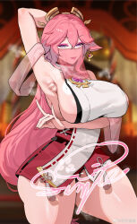 1girl animal_ears arm_up armpits b.sa_(bbbs) bad_tag breasts earrings fox_ears genshin_impact hair_between_eyes hair_ornament highres jewelry large_breasts long_hair looking_at_viewer mole mole_on_breast pink_hair presenting_armpit purple_eyes see-through_clothes sideboob smile solo thick_thighs thighs veil yae_miko