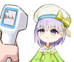 1girl chibi fate/extra fate/extra_ccc fate/grand_order fate_(series) green_skirt hat kazuradrop_(fate) kazuradrop_(first_ascension)_(fate) pov purple_hair ran_sk ribbon simple_background skirt smug