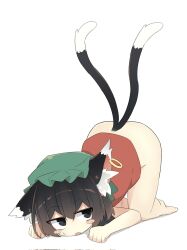 1girl animal_ear_fluff animal_ear_piercing animal_ears bare_legs barefoot black_eyes blush_stickers bottomless brown_hair cat_ears cat_tail chen earrings hair_between_eyes hat highres jewelry looking_to_the_side mob_cap multiple_tails nekomata red_vest ro_74 short_hair simple_background single_earring solo tail top-down_bottom-up touhou two_tails vest white_background