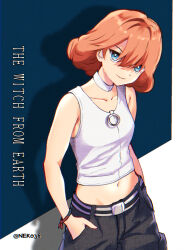 1girl artist_name black_pants blue_eyes choker closed_mouth commentary_request crop_top cropped_shirt english_text fluffy_hair gundam gundam_suisei_no_majo hair_between_eyes hands_in_pockets highres mdiriff medium_hair mizuno374 navel orange_hair pants shadow shirt sleeveless sleeveless_shirt smile solo sophie_pulone standing twitter_username white_choker white_shirt