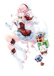 1girl absurdres belt belt_buckle beret black_belt black_ribbon boots bow bowtie box breasts buckle cape checkered_cape checkered_clothes christmas christmas_present cleavage detached_sleeves dress first_stage_production fur-trimmed_dress fur_trim gift gift_box hair_between_eyes hair_ornament hat hazuki_yuzuru highres holding holding_sack holly large_breasts layered_dress long_fall_boots long_sleeves mascot miniskirt one_eye_closed pink_eyes pink_ribbon plaid_clothes plaid_dress plaid_skirt red_cape red_dress ribbon ryugahama_yue sack santa_cape santa_costume santa_dress sea_angel sideboob skirt smile star_(symbol) star_hair_ornament strapless strapless_dress virtual_youtuber waist_ribbon white_background white_boots white_hat