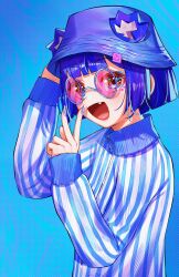 1girl :d animal_ear_fluff animal_ears arm_up bear_ears bear_girl blue_background blue_eyeliner blue_eyeshadow blue_hair blue_hat blue_nails blue_sweater blunt_bangs blunt_ends blunt_sidelocks bob_cut bucket_hat center-flap_bangs commentary ears_through_headwear english_commentary extra_ears eyebrows_hidden_by_hair eyeliner eyeshadow facial_mark fang fingernails from_side go!_go!_gris! grin gris_(go!_go!_gris!) hand_on_headwear hand_up hat heart heart_facial_mark highres long_eyelashes long_fingernails long_sleeves looking_at_viewer looking_to_the_side makeup open_mouth pietrosatou pink-tinted_eyewear purple_eyeliner purple_eyeshadow raised_eyebrows round_eyewear short_hair sidelocks sleeves_past_wrists smile solo sparkling_eyes sunglasses sweater tag thick_eyelashes tinted_eyewear turtleneck turtleneck_sweater two-tone_sweater upper_body v vertical-striped_sweater white_sweater zipper zipper_pull_tab