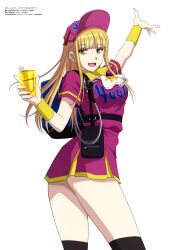 1girl :d absurdres alcohol arm_up ass backpack bag ballpark_de_tsukamaete! beer beer_tap black_thighhighs blonde_hair blue_bag blunt_bangs breasts contrapposto copyright_name copyright_notice cup ear_cuffs earrings fang female_focus hand_up hat highres holding holding_cup iida_fumio jewelry large_breasts long_hair looking_at_viewer magazine_scan matching_hair/eyes megami_magazine miniskirt official_art open_mouth pink_hat pink_shirt pink_skirt ruriko_(ballpark_de_tsukamaete!) scan shirt short_sleeves sidelocks simple_background skirt smile solo standing stud_earrings thighhighs thighs uriko_(baseball) visor_cap white_background wristband yellow_eyes