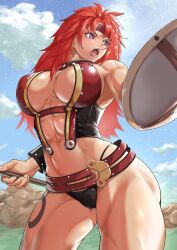 1girl abs armpits breasts commentary_request headband highleg highleg_panties highres kureshi_(hannzi) large_breasts leg_tattoo long_hair mace muscular muscular_female navel outdoors panties purple_eyes queen&#039;s_blade red_hair risty_(queen&#039;s_blade) shield solo standing tattoo underwear warrior weapon wilderness_bandit_risty