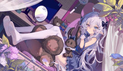 1girl absurdres ahoge armpit_crease bird blue_bird blue_bow blue_bowtie blue_eyes blue_skirt bow bowtie closed_mouth commentary_request feet flower full_body furrowed_brow gloves hair_between_eyes hair_bow heterochromia highres holding holding_stuffed_toy kele_mimi long_hair looking_at_viewer no_shoes original pleated_skirt pointy_ears red_eyes shirt sidelocks sitting skirt sleeveless sleeveless_shirt solo stuffed_animal stuffed_rabbit stuffed_toy teddy_bear thighhighs two_side_up very_long_hair white_gloves white_hair white_shirt white_thighhighs