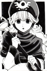 1girl border commentary_request curly_hair dragon_quest dragon_quest_ii greyscale highres holding holding_staff hood long_hair looking_at_viewer mage_staff monochrome open_mouth princess_of_moonbrook robe roto&#039;s_emblem sayu_(user_tefx3855) screentones solo staff upper_body white_border